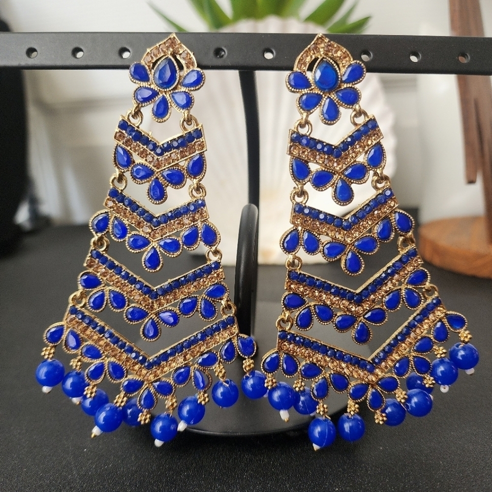 Statement Long Gold and Blue India Chandelier Earrings